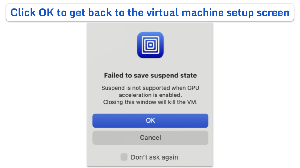 A UTM error dialog box warning that closing a particular window will shut down the virtual machine.