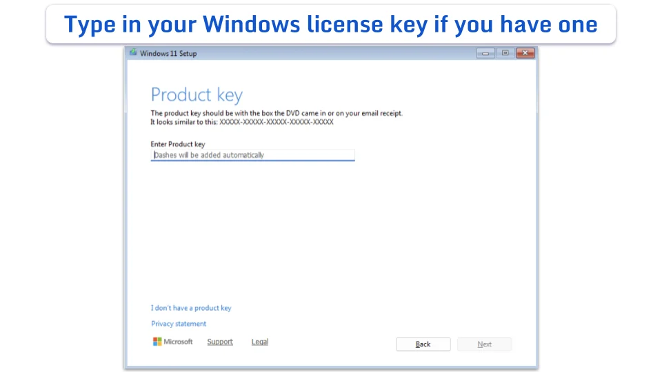 The Windows 11 Setup screen for entering a product key.