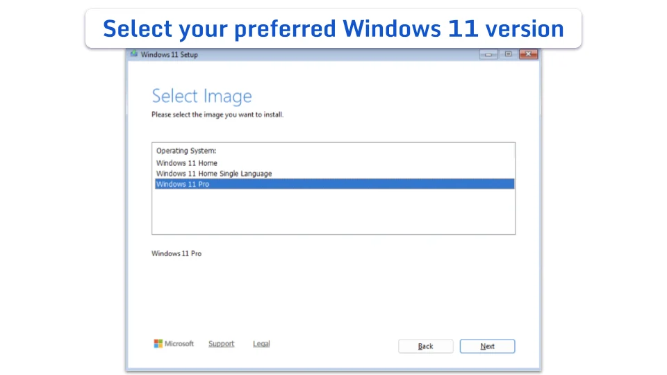 The Windows 11 Setup screen for selecting the version of Windows 11 to install.