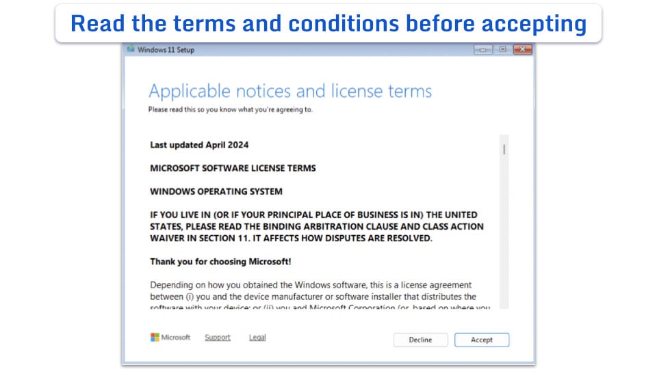 The Windows 11 Setup screen for applicable notices and license terms.