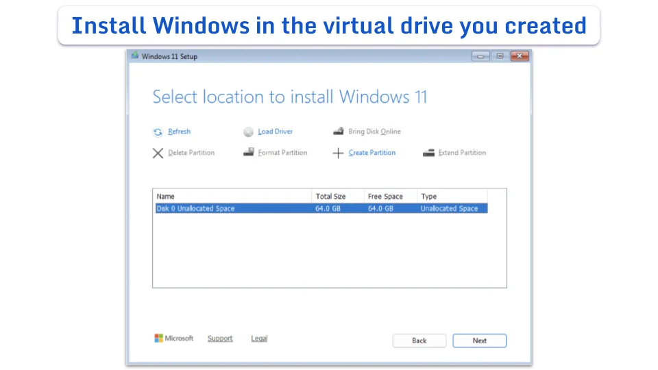 The Windows 11 Setup screen for selecting where to install Windows 11 on a Mac.