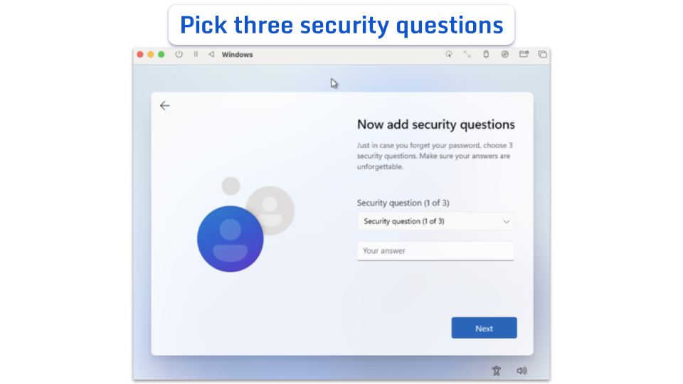 The Windows 11 setup screen asking the user to add security questions.