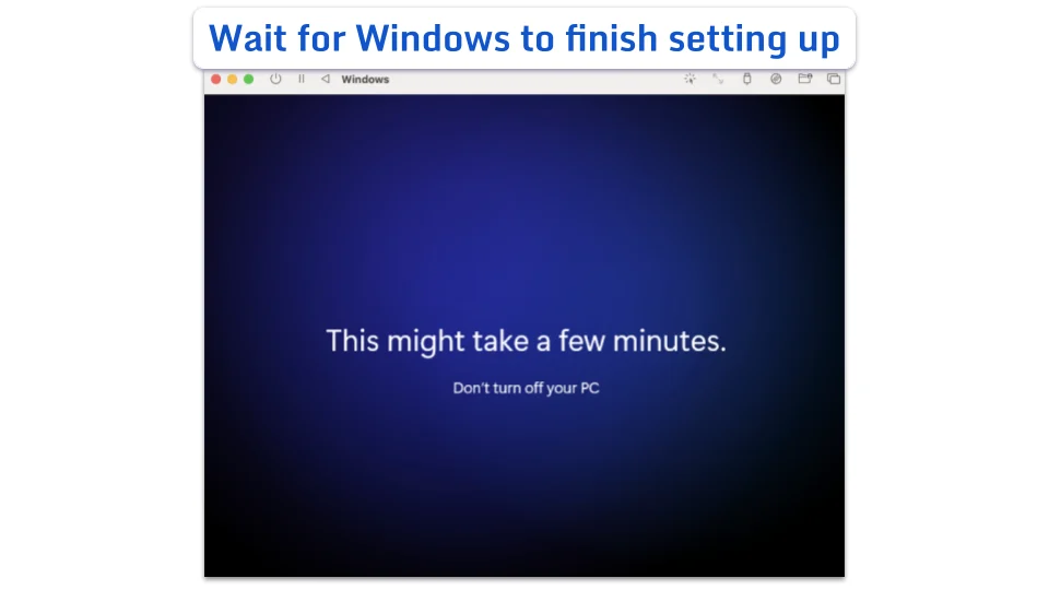 A Windows setup screen on a dark blue gradient background telling the user the setup will take some minutes.
