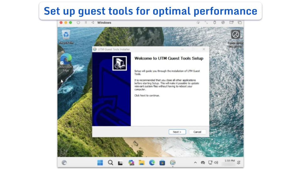 The Welcome to UTM Guest Tools Setup window open on a Windows 11 desktop.