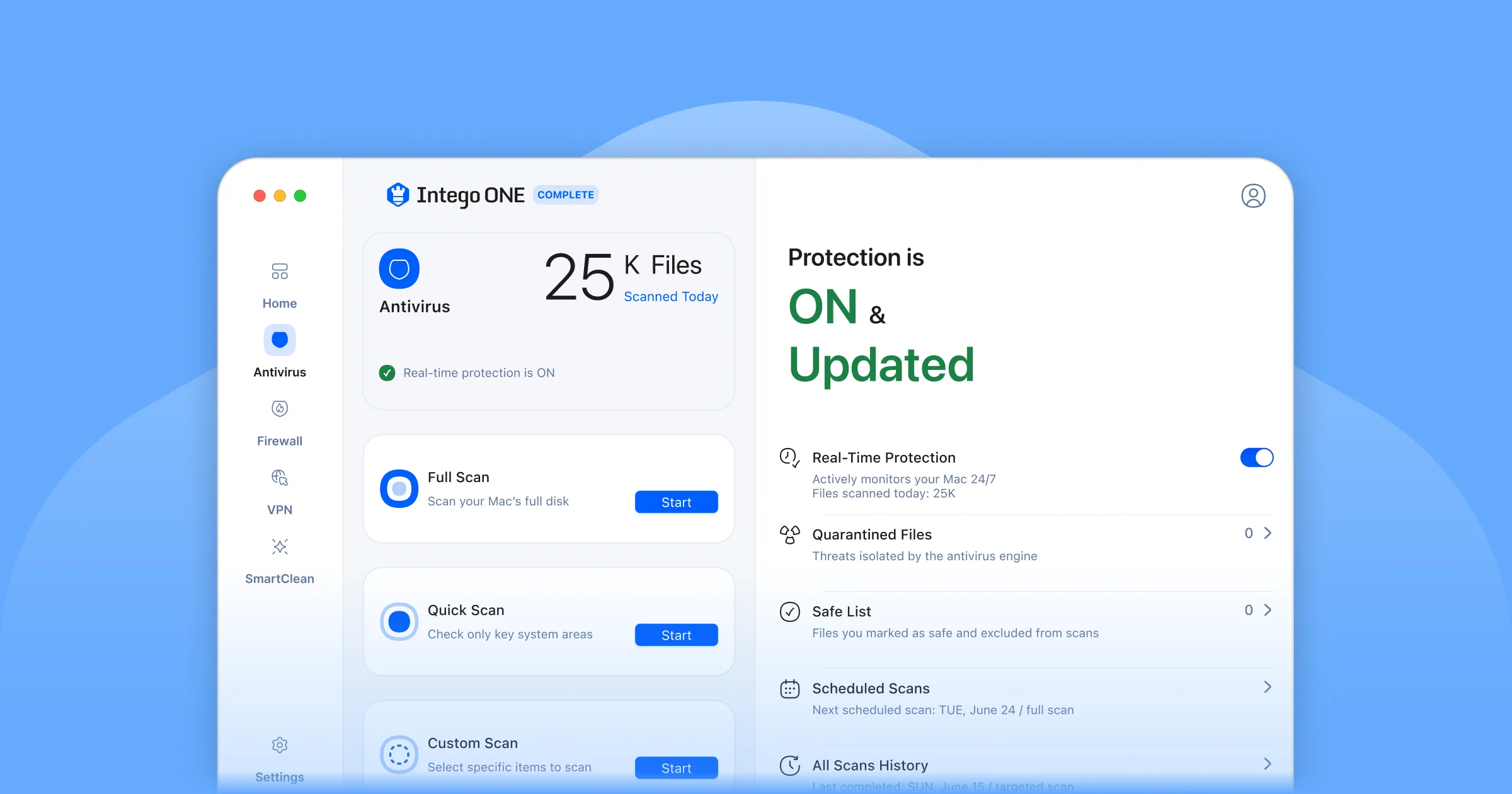 Intego ONE dashboard showing antivirus protection, firewall, SmartClean, VPN, and scan options in one app