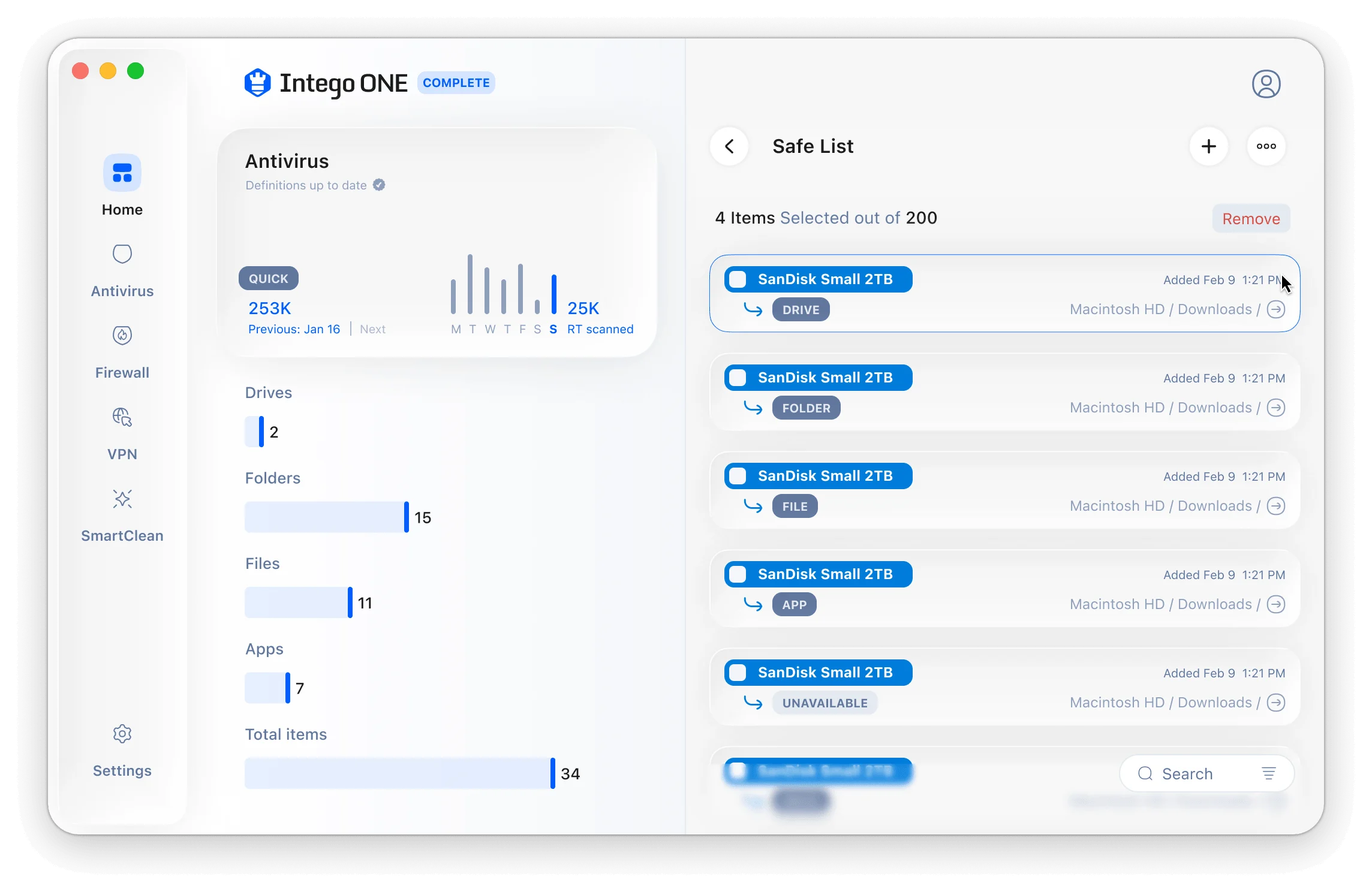 Intego ONE showing quarantined files and Safe List controls for excluding trusted files