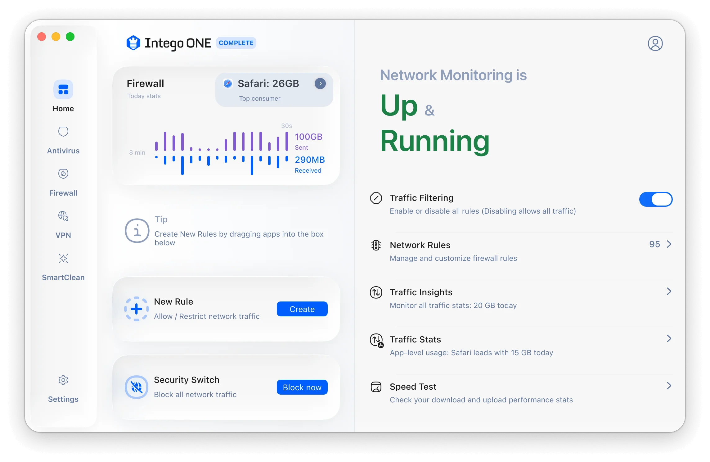 Intego ONE firewall screen showing network connections, connection activity, and firewall controls