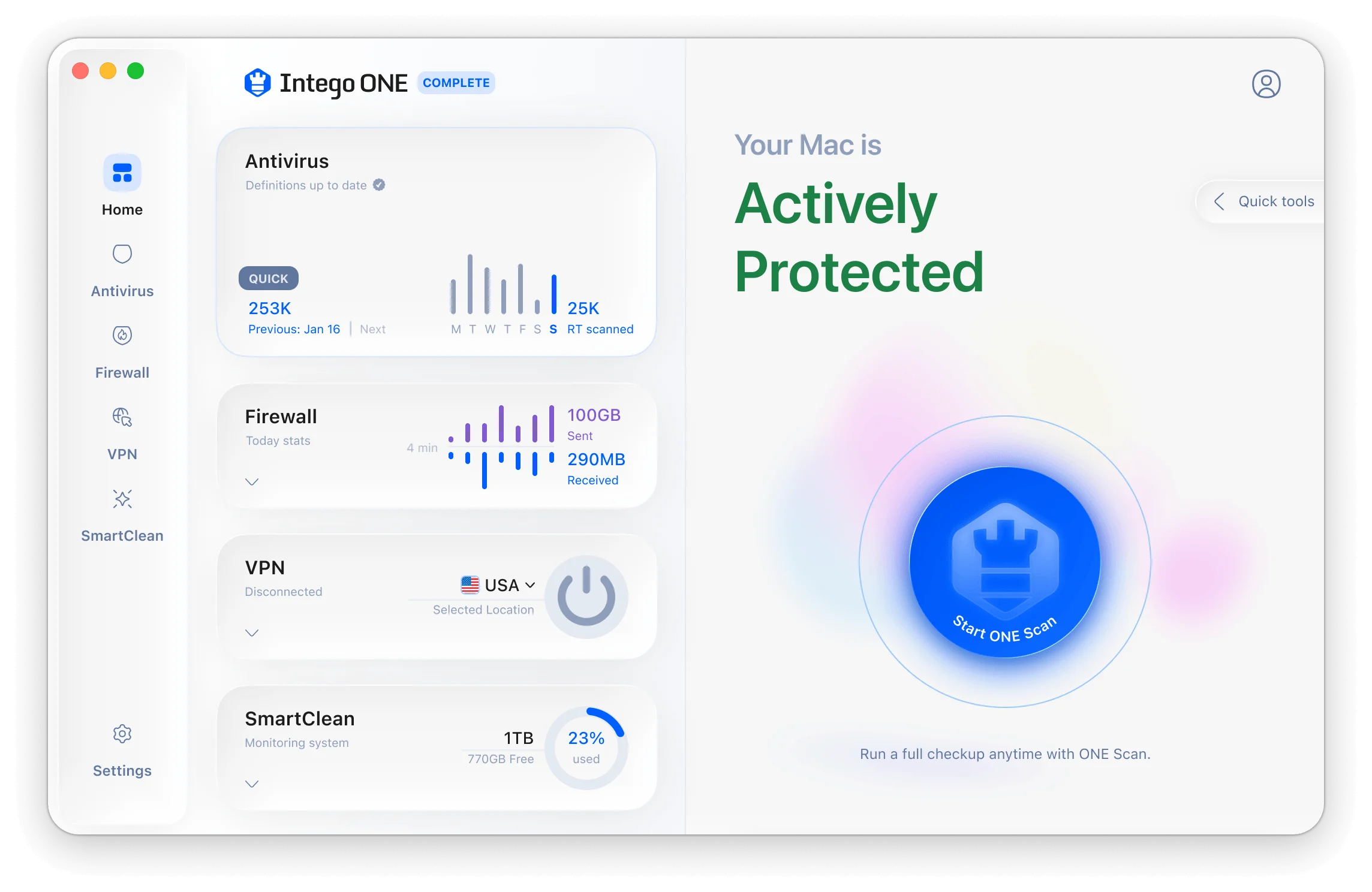 Intego ONE showing real-time protection status and active background file monitoring