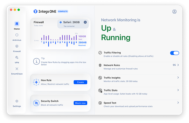 Intego ONE firewall screen showing network connections, connection activity, and firewall controls