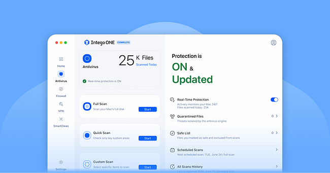Intego ONE dashboard showing antivirus protection, firewall, SmartClean, VPN, and scan options in one app