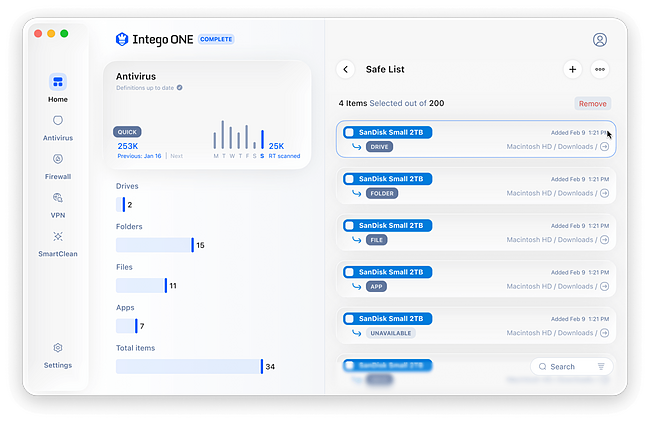 Intego ONE showing quarantined files and Safe List controls for excluding trusted files
