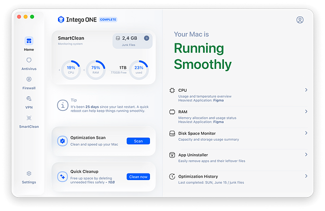 Intego ONE SmartClean screen showing cleanup tools, storage management, and system maintenance features