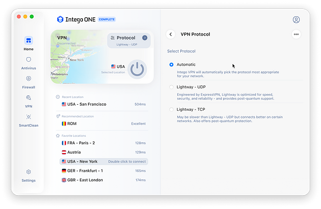 Intego ONE VPN screen showing server locations, connection controls, and privacy settings