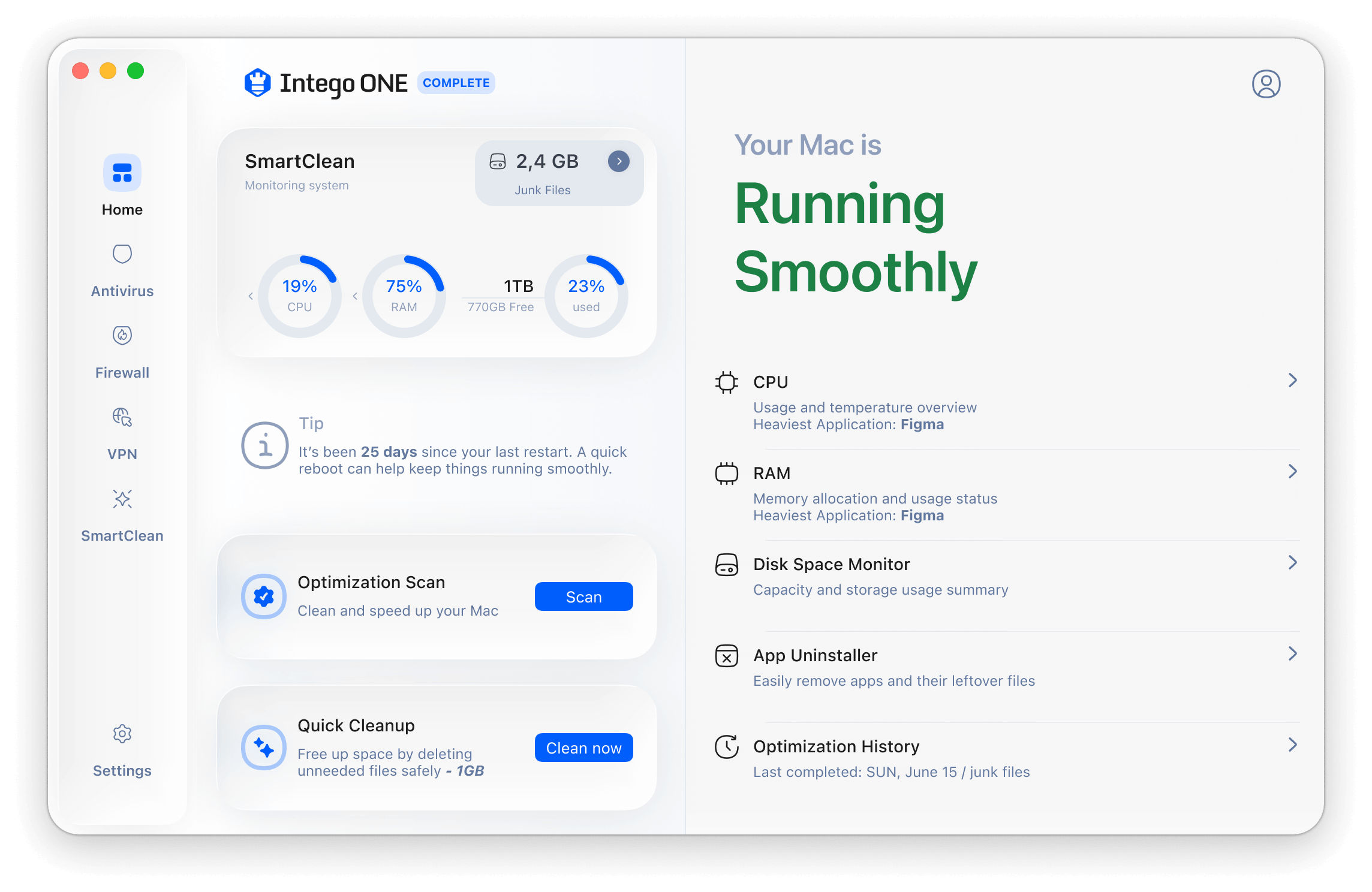 Intego ONE SmartClean screen showing cleanup tools, storage management, and system maintenance features