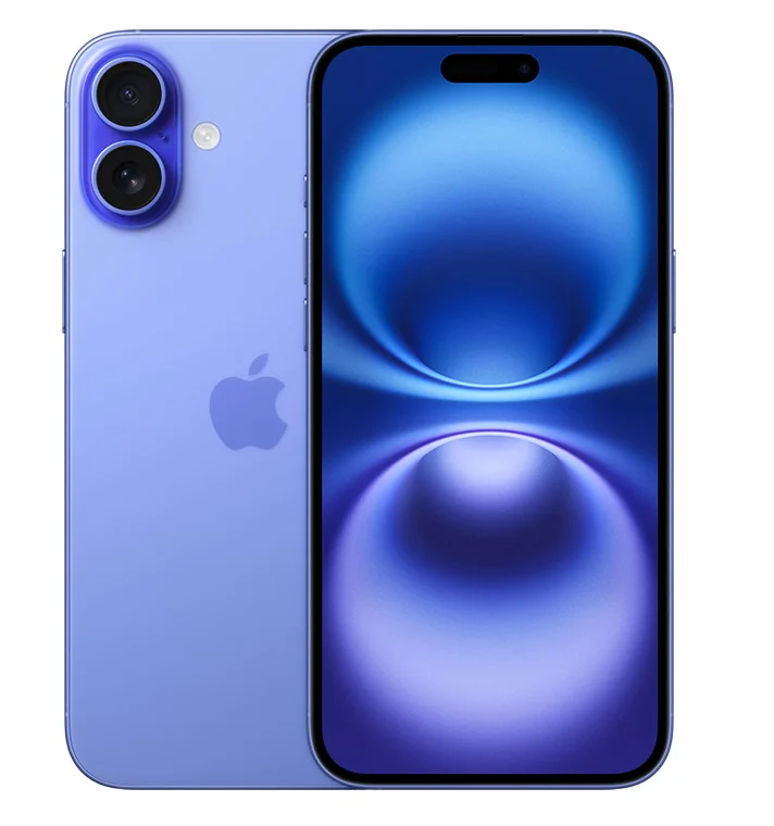 Blue iPhone 16 Plus shown from the front and back