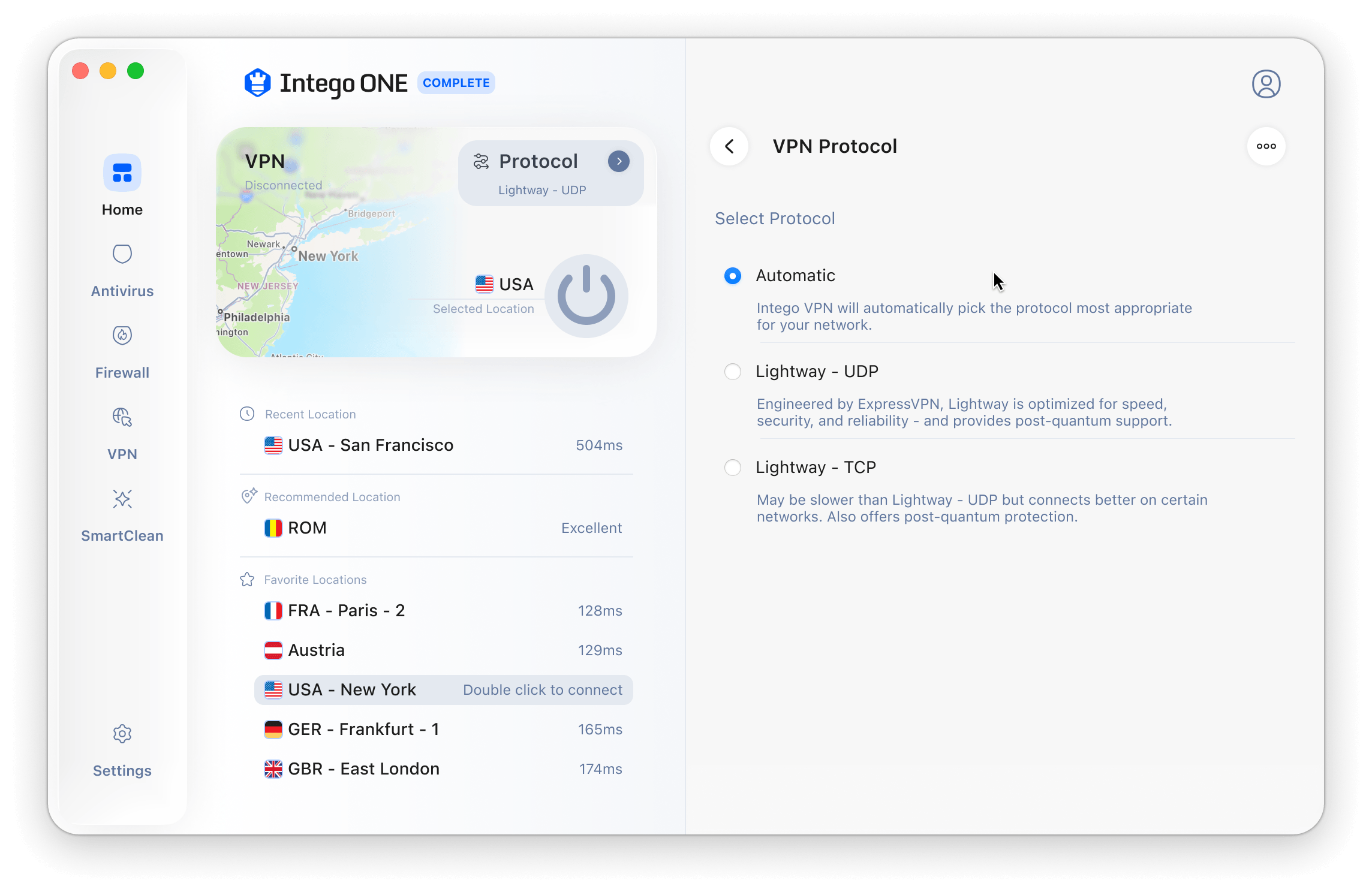 Intego ONE VPN screen showing server locations, connection controls, and privacy settings