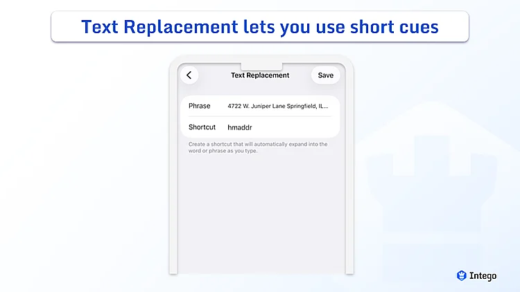 iOS image of Text Replacement home address shortcut example