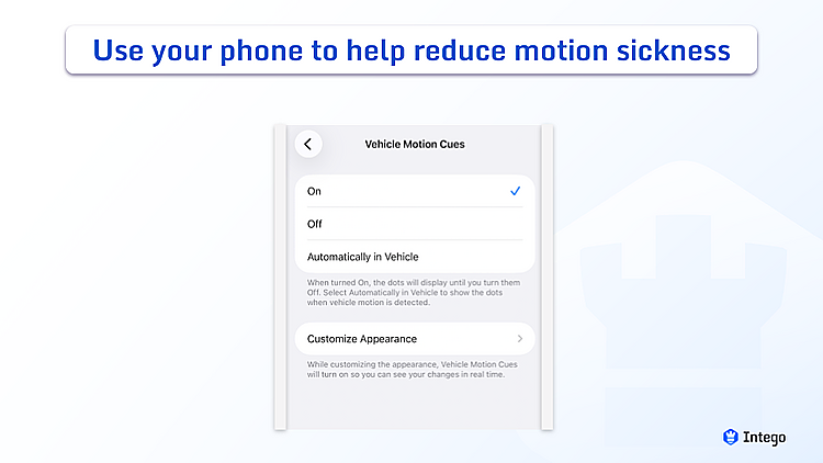 iOS accessibility settings showing Vehicle Motion Cues options