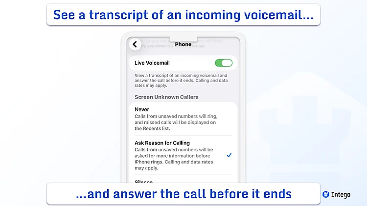iOS settings showing Live Voicemail screening options