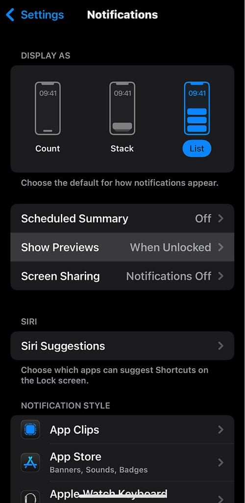 screenshot of iPhone Notification settings with "Show Previews --> When Unlocked" option highlighted