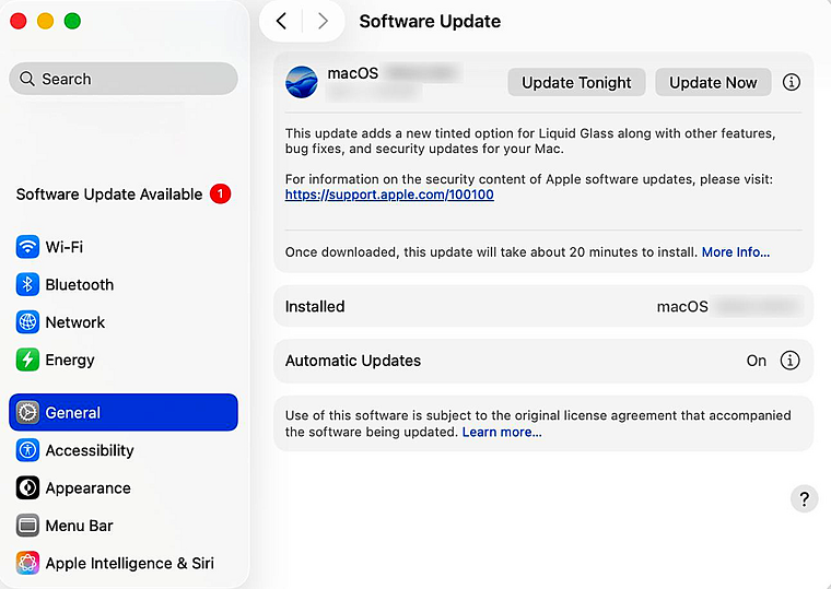 Screenshot of macOS Software Update settings in the General menu
