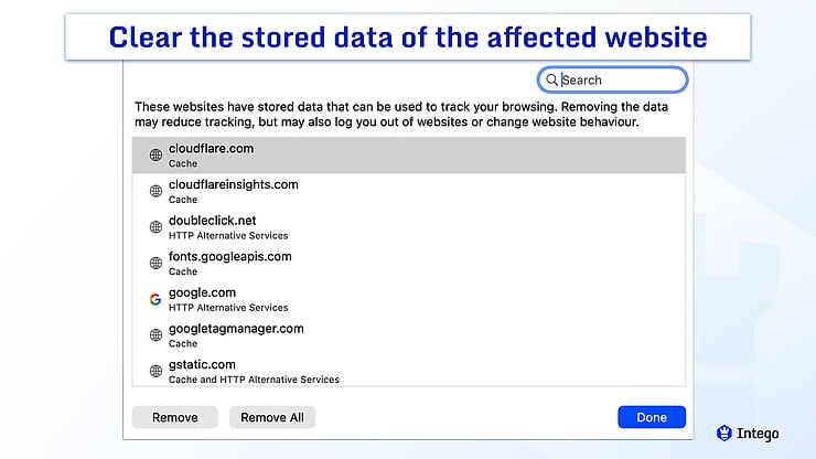 Safari website data management window showing a list of websites that have stored data.