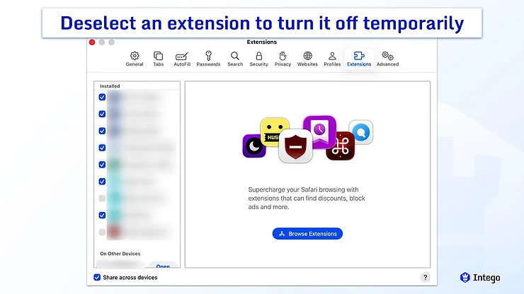 Safari Extensions settings window.