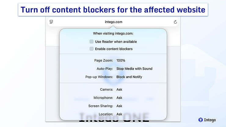 Safari settings dropdown menu for the website intego.com