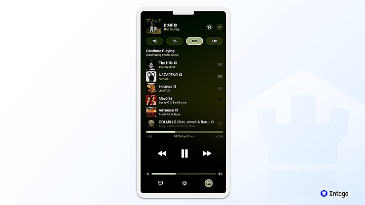 Apple Music player interface on iPhone with DtMF by Bad Bunny playing.