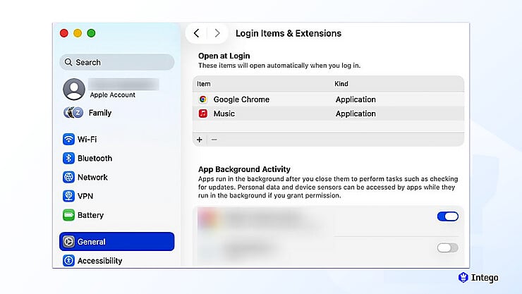 Mac System Settings with the General category selected in the left sidebar, displaying the Login Items & Extensions pane on the right.