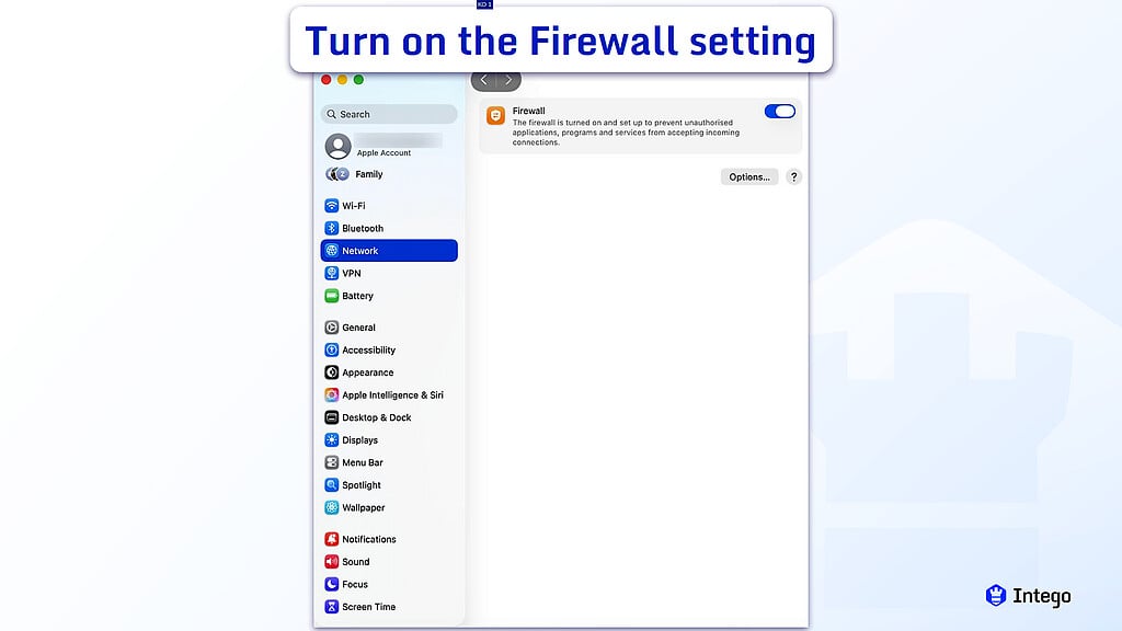 macOS System Settings with the Network menu selected in the sidebar, displaying the Firewall toggle button on the right.