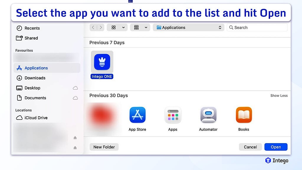 macOS file picker dialog window displaying application icons categorized by time.