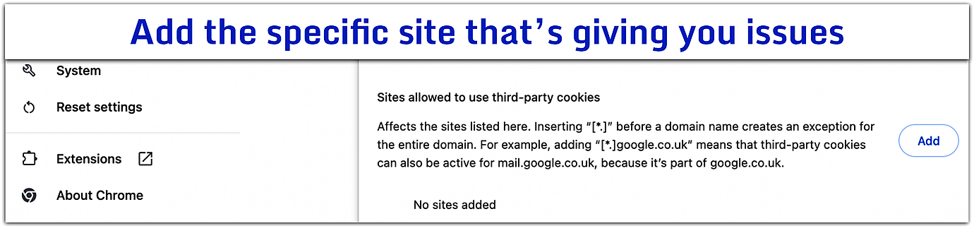 Google Chrome Settings showing the Sites allowed to use third-party cookies section.