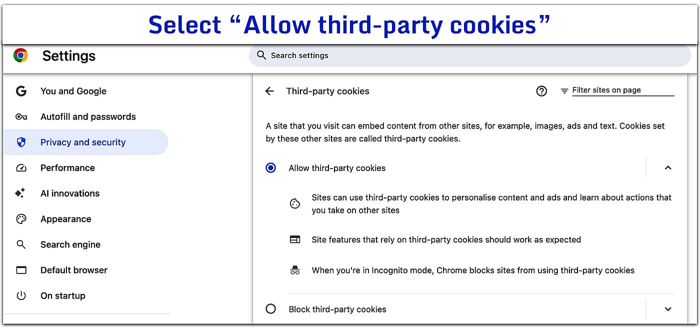Privacy and security section of Google Chrome Settings.