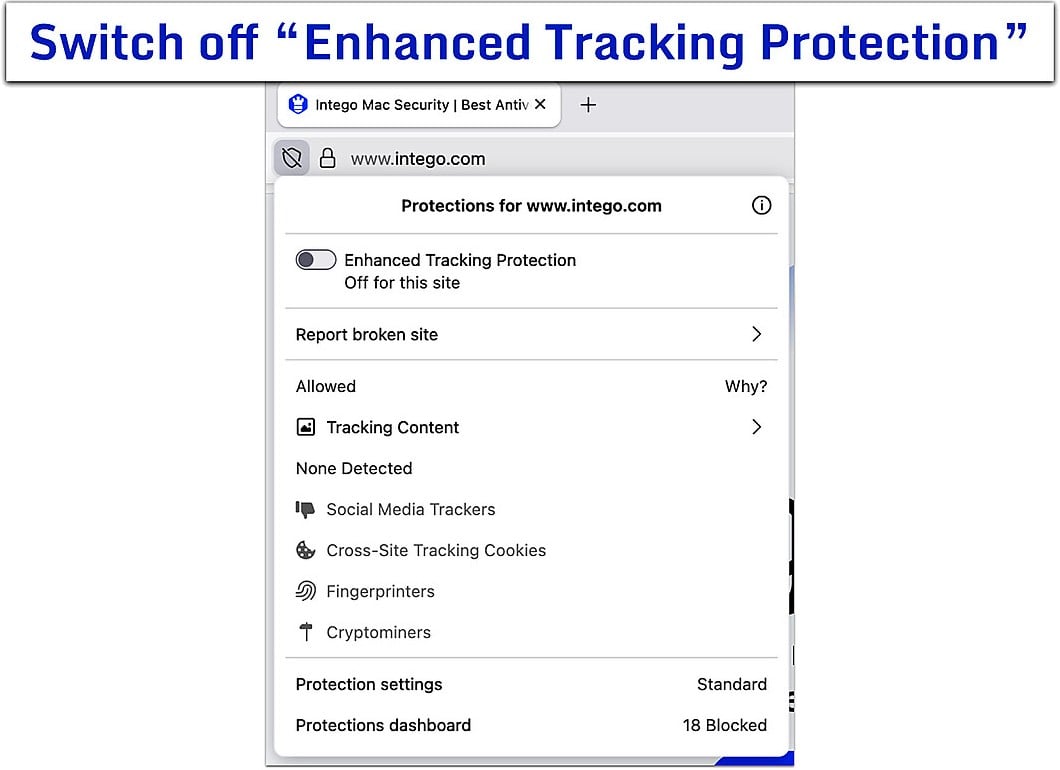 Mozilla Firefox site protections dropdown menu.
