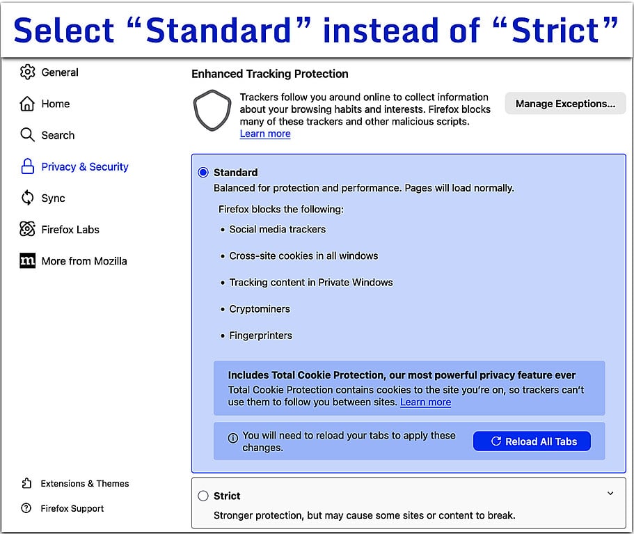 Privacy & Security section of Mozilla Firefox Settings.