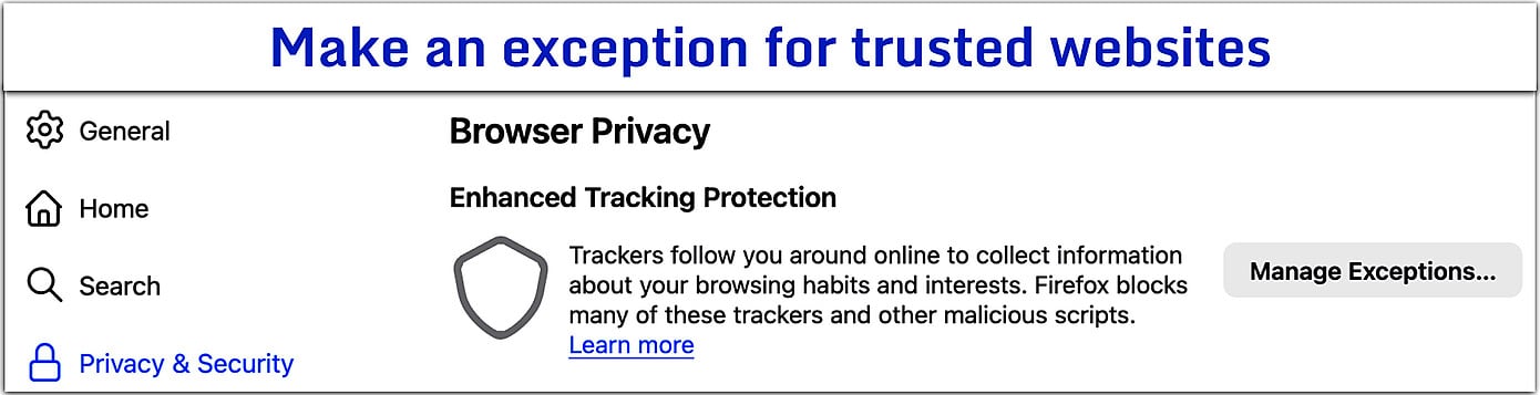 Browser Privacy section of Mozilla Firefox Settings.