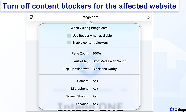 Safari settings dropdown menu for the website intego.com