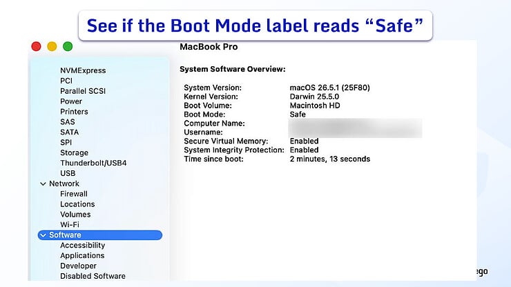macOS System Information window, with the Software category selected in the left sidebar, displaying the System Software Overview.