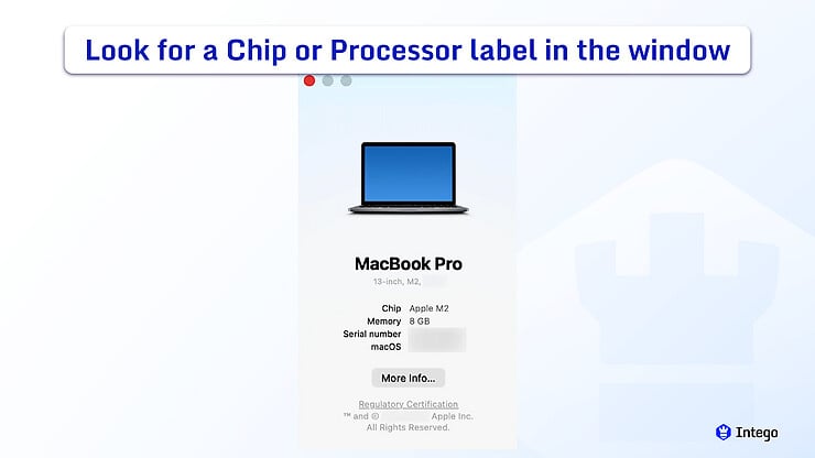 About This Mac window, displaying specifications for chip, memory, serial number, and macOS.