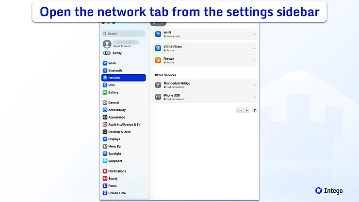 Network tab of Mac System Settings.