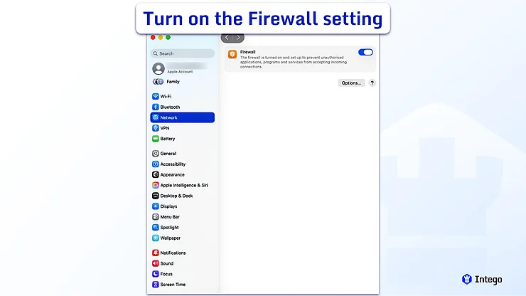 macOS System Settings with the Network menu selected in the sidebar, displaying the Firewall toggle button on the right.