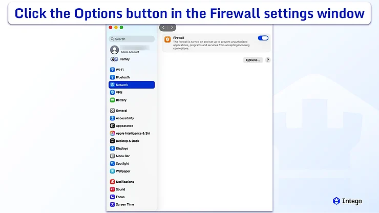 macOS System Settings with the Network menu selected in the sidebar, displaying the Firewall toggle button on the right.