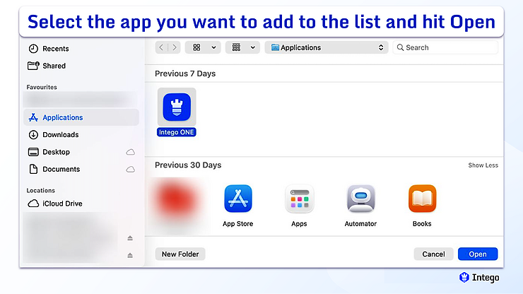 macOS file picker dialog window displaying application icons categorized by time.