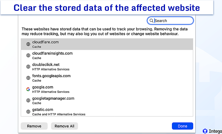 Safari website data management window showing a list of websites that have stored data.