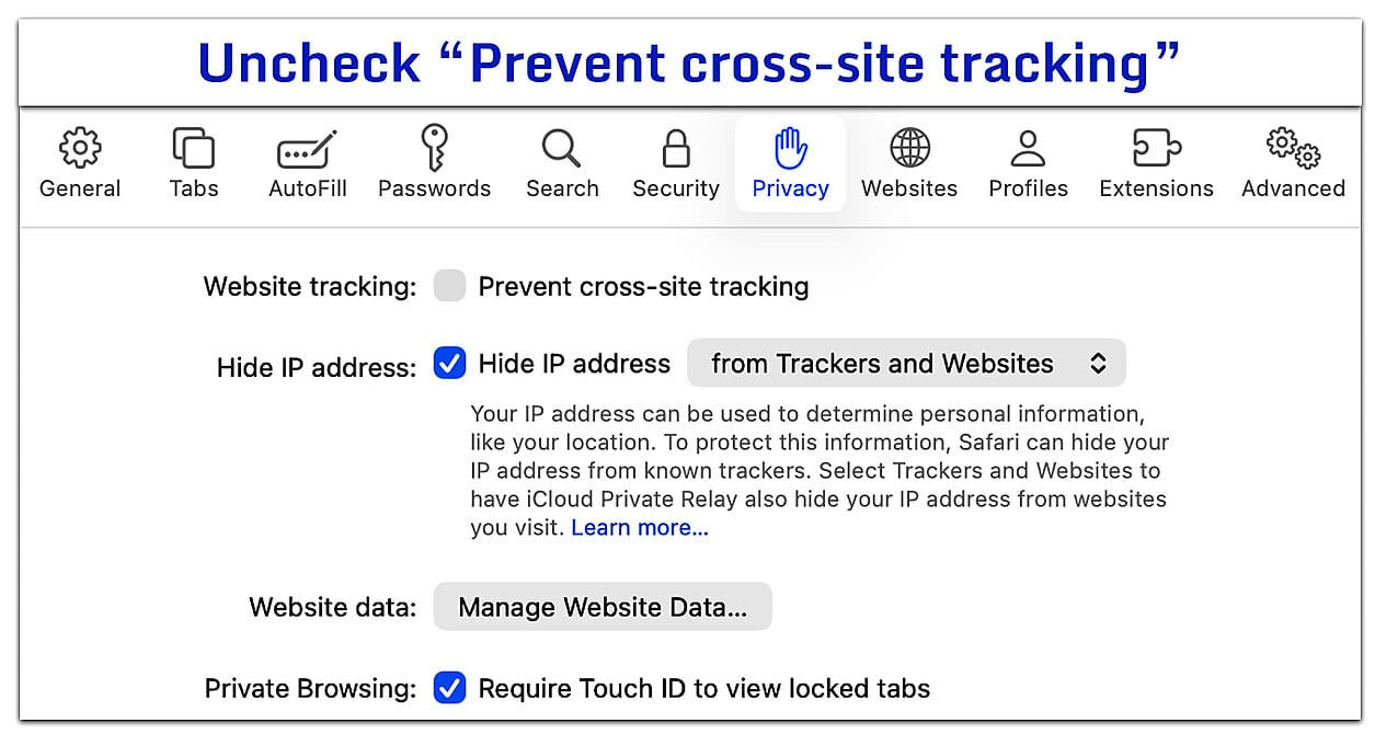 Privacy tab of Safari settings.