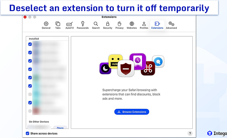Safari Extensions settings window.