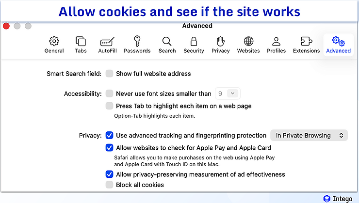 Safari Advanced settings window.